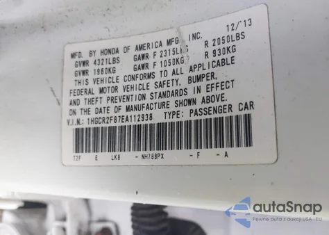 2014 Honda Accord Ex-L из США, поврежденный, VIN 1HGCR2F87EA112938